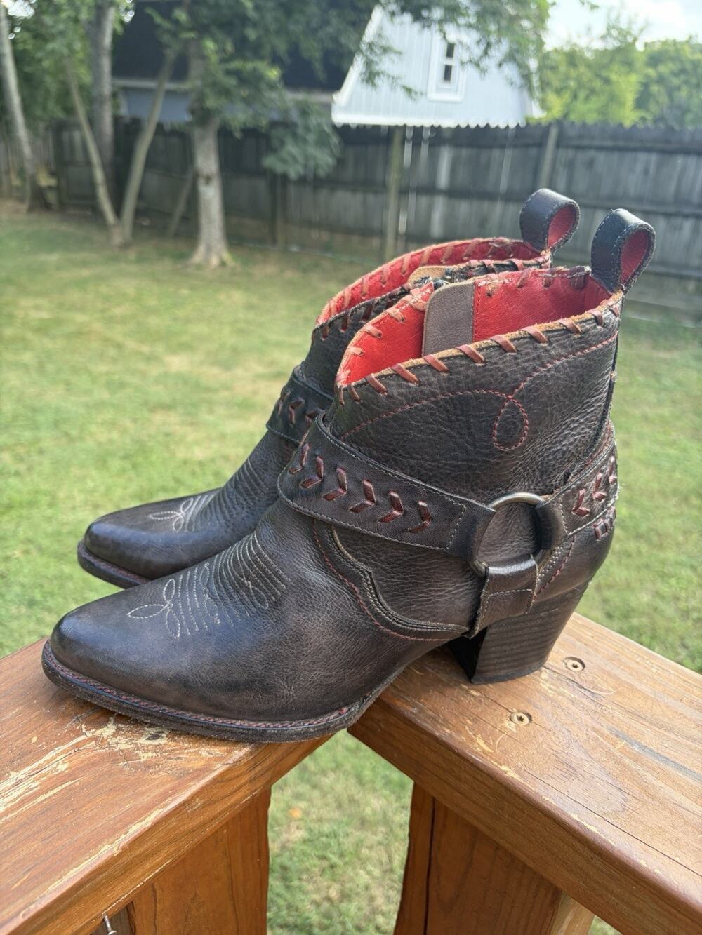 BedStu Women's 9.5 Tania Zip Pointed Toe Western Ankle Boots Teak Brown Harness